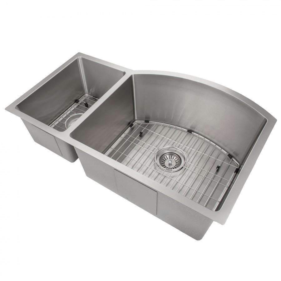 Stainless steel double-bowl kitchen sink with wire bottom grid and two drain strainers