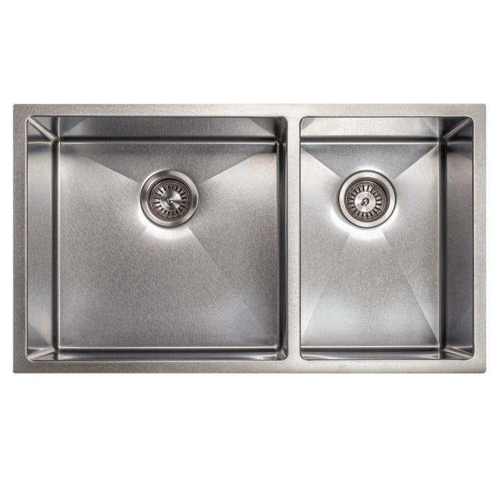 Double-bowl stainless steel sink with two round drain openings