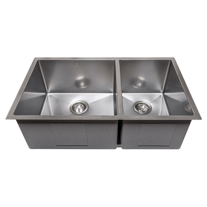 Double-bowl stainless steel sink with two round drains and sloped basin bottoms