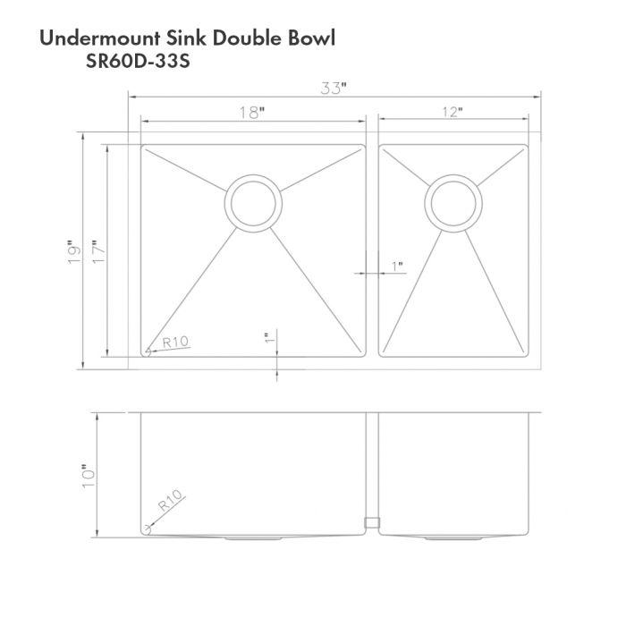Undermount double-bowl sink dimension diagram showing 33-inch overall width