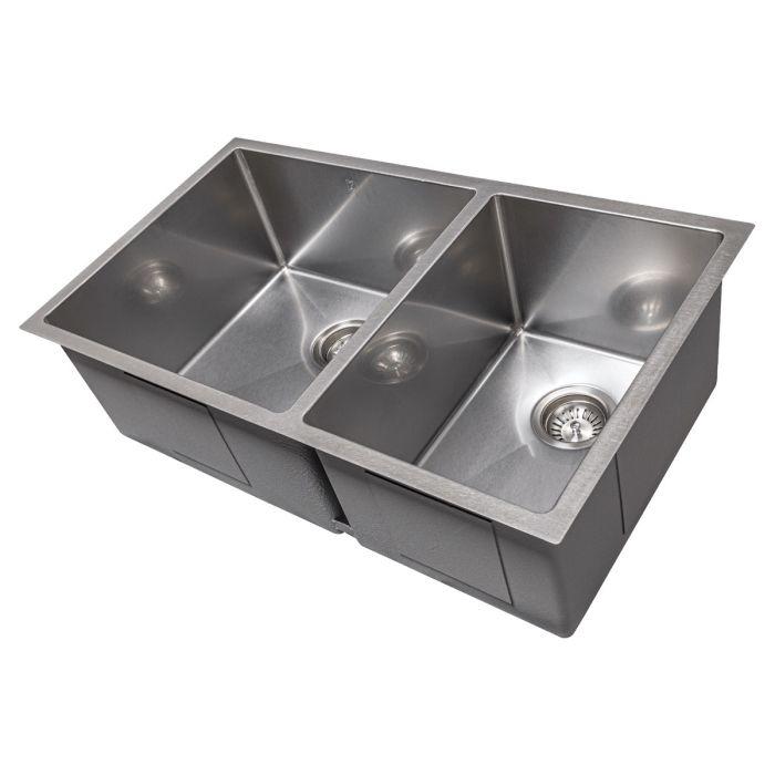 Double-bowl stainless steel kitchen sink with two compartments and drain assemblies