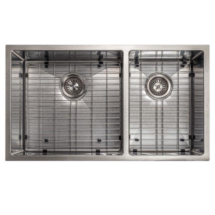 Double-bowl stainless steel kitchen sink with bottom grids and round drain openings