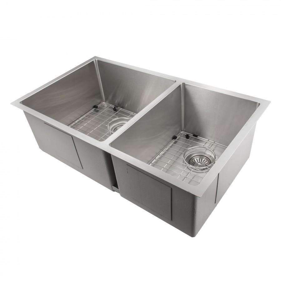 Undermount double-bowl stainless steel kitchen sink with drain strainers and grids