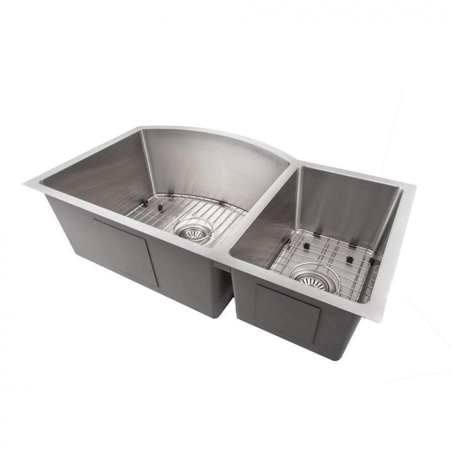 Stainless steel double-bowl kitchen sink with two drains and bottom racks