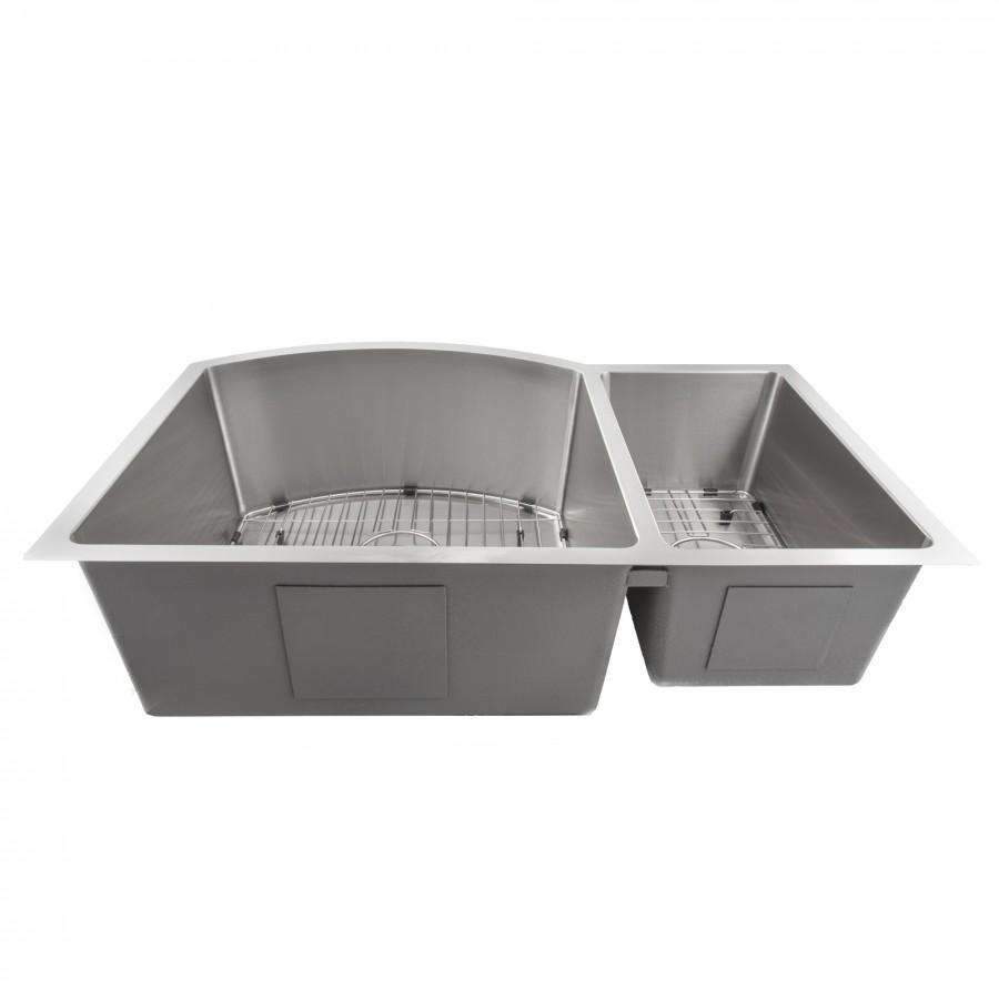 Stainless steel double-bowl kitchen sink showing two basins and drain areas