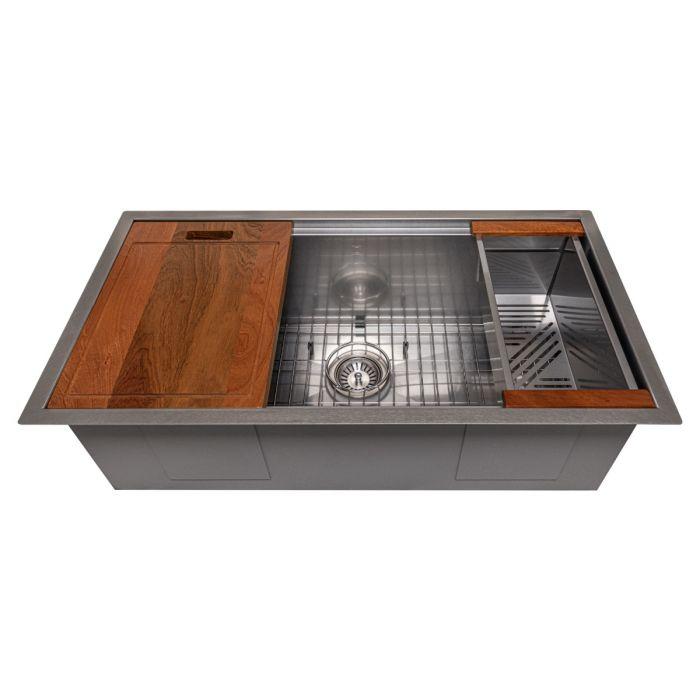Single-bowl stainless steel sink with bottom grid and wood cutting-board inserts