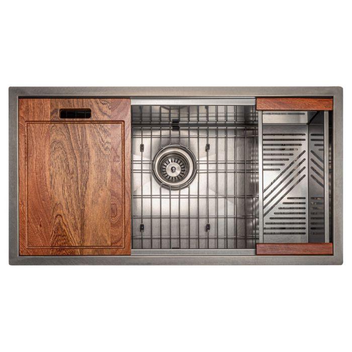 Stainless steel single-bowl kitchen sink with bottom grid and wooden accessories
