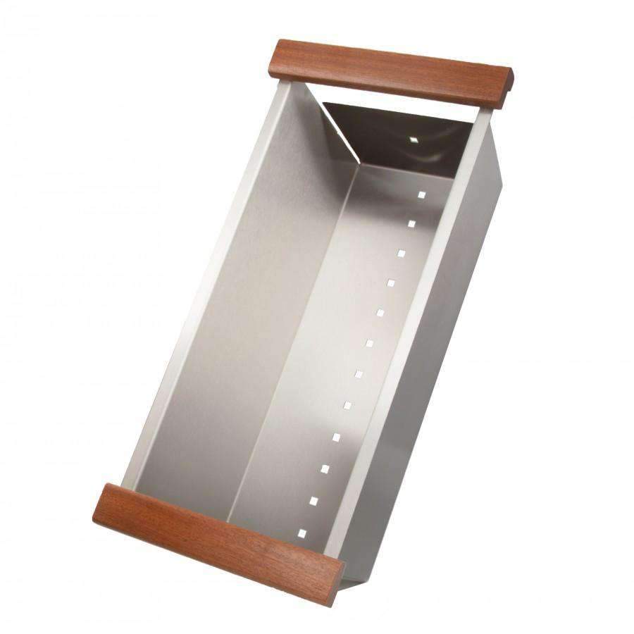 Wood chopping board accessory with mounting stand for undermount kitchen sink, rectangular.