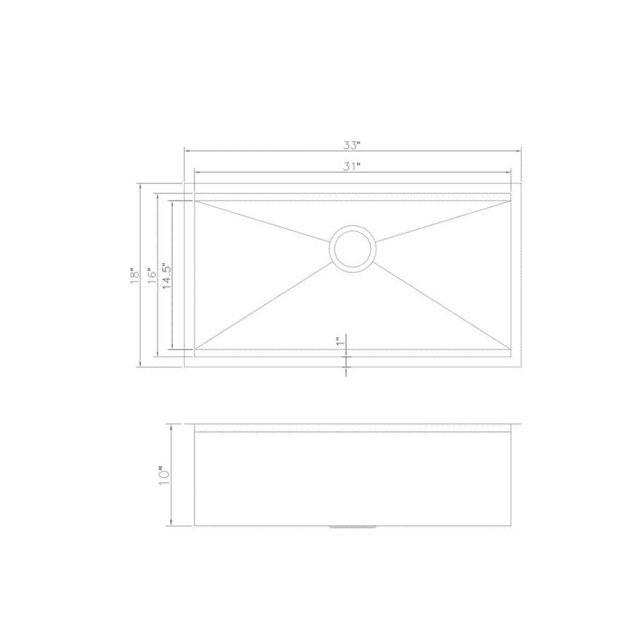 Technical line drawing of single-basin kitchen sink dimensions, showing width and depth.