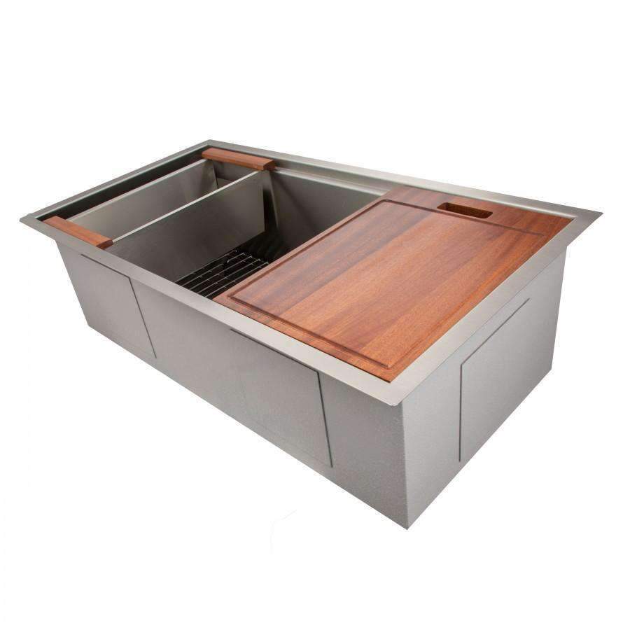 Stainless steel kitchen sink with single basin, wood board, and black bottom grid.