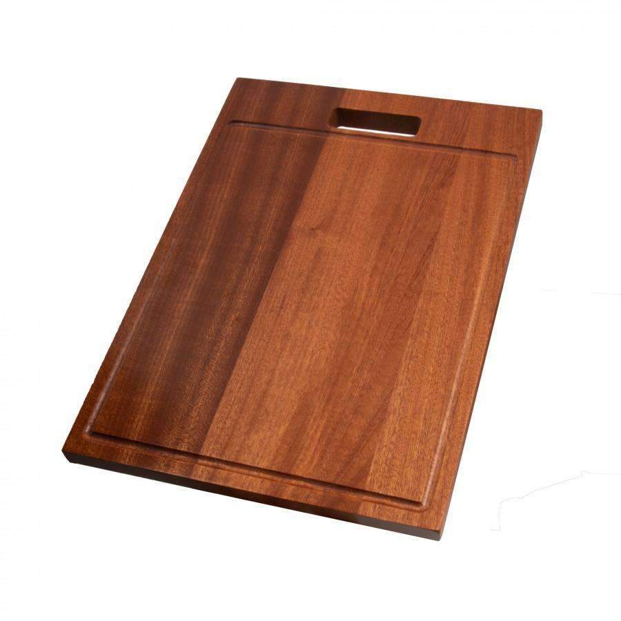 Wood cutting board accessory for undermount kitchen sink, rectangular with cutout handle.