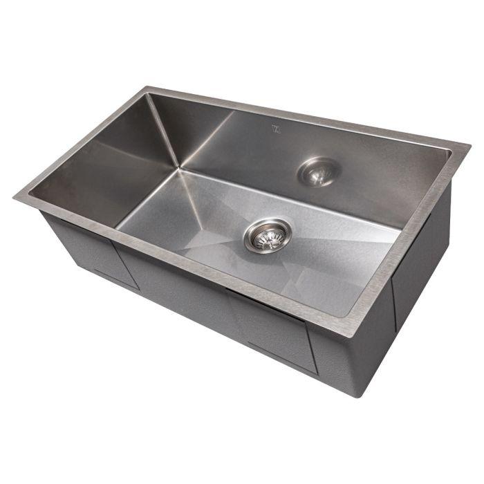 Stainless steel single-bowl undermount kitchen sink with drain strainers and angled interior
