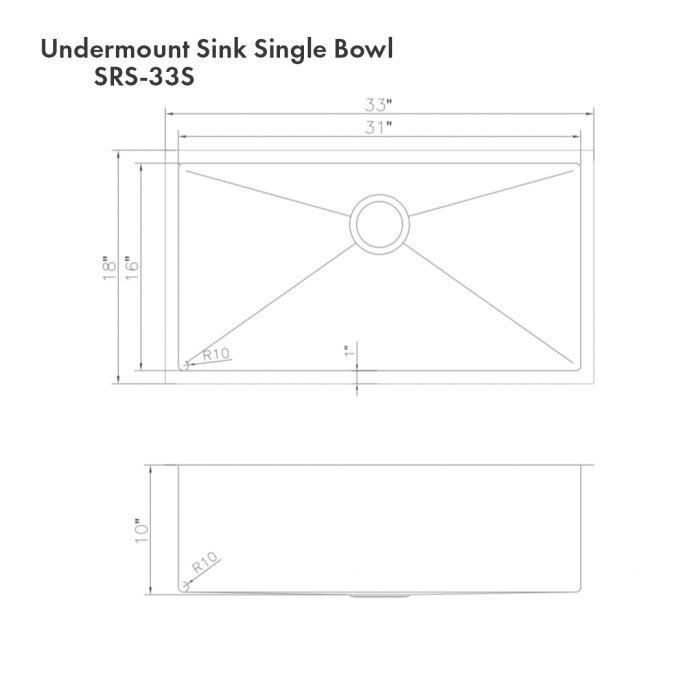 Stainless steel undermount single-bowl kitchen sink, rectangular tub with center drain