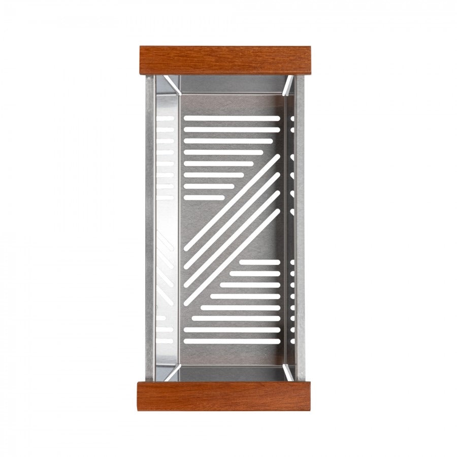 Stainless steel sink rack grid insert with wood frame ends and raised drainage slots