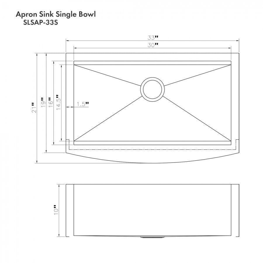 33-inch apron sink single-bowl size diagram with round drain opening