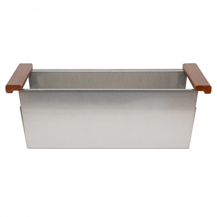 Single-bowl stainless steel sink side view with wood mounting blocks
