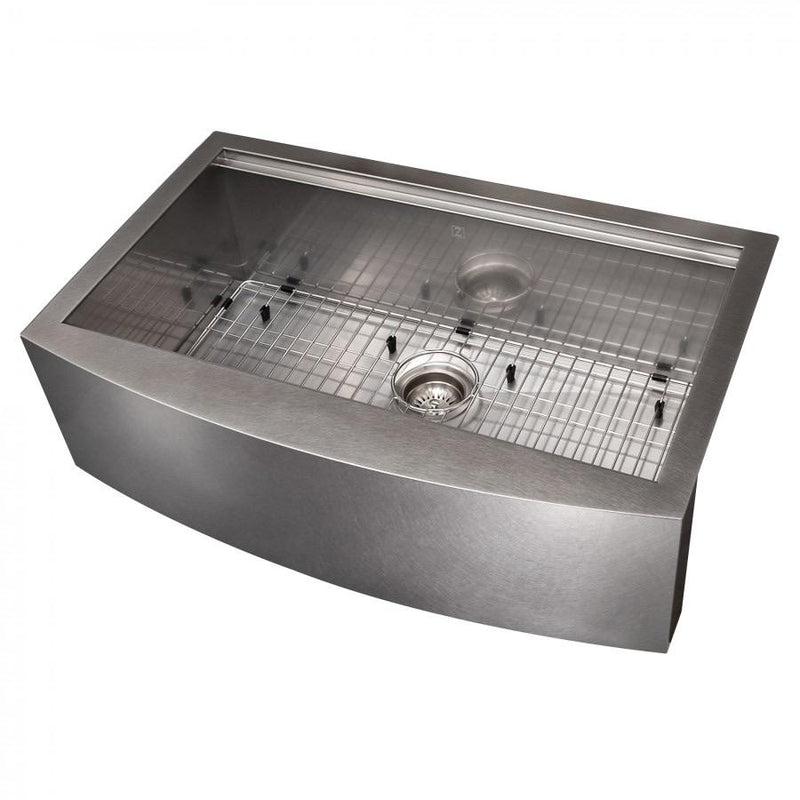 ZLINE 33" Moritz Farmhouse Apron Mount Single Bowl DuraSnow® Stainless Steel Kitchen Sink with Bottom Grid and Accessories (SLSAP-33S) Kitchen Sink ZLINE 
