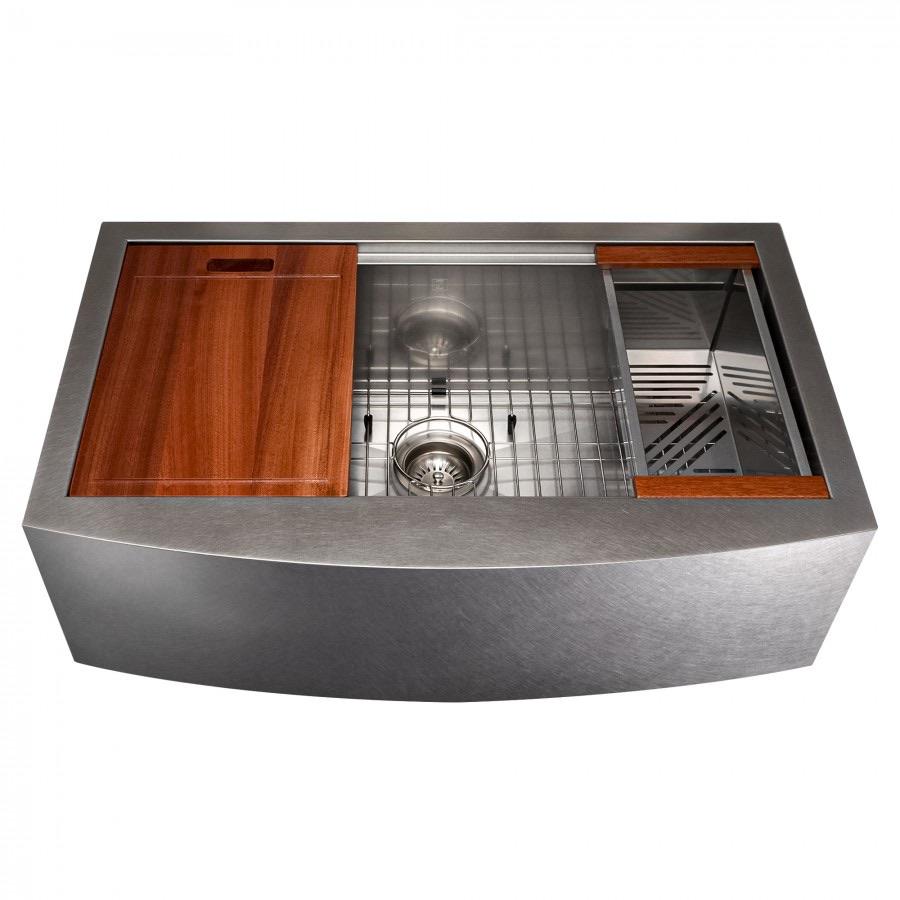Single-bowl stainless steel sink with bottom grid, wood inserts, and centered drain strainer