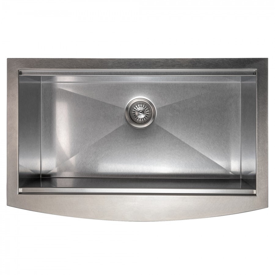 Single-bowl stainless steel farmhouse apron sink with round drain and smooth basin interior