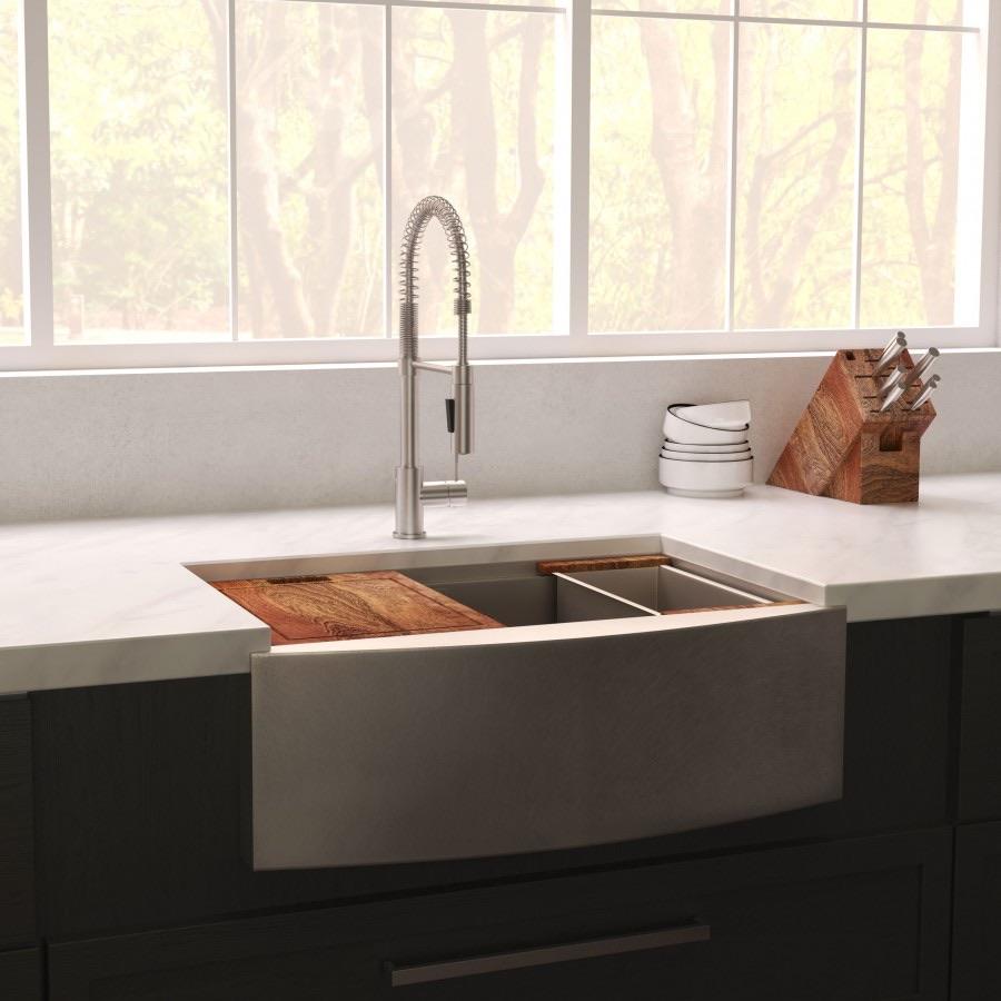 Installed farmhouse apron single-bowl stainless steel kitchen sink with wood board and faucet