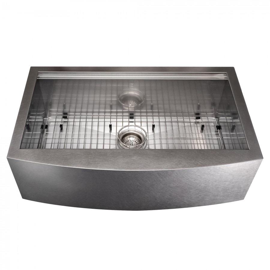 Single-bowl stainless steel sink with bottom grid and drain strainer, top view