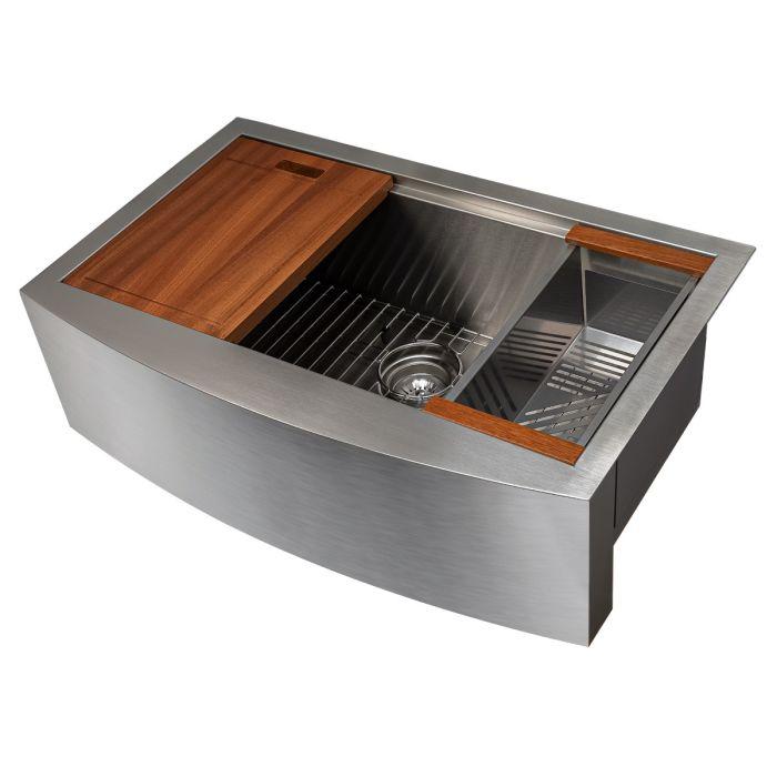 Apron-mount stainless steel single-bowl kitchen sink with wood cutting board, drain and bottom grid