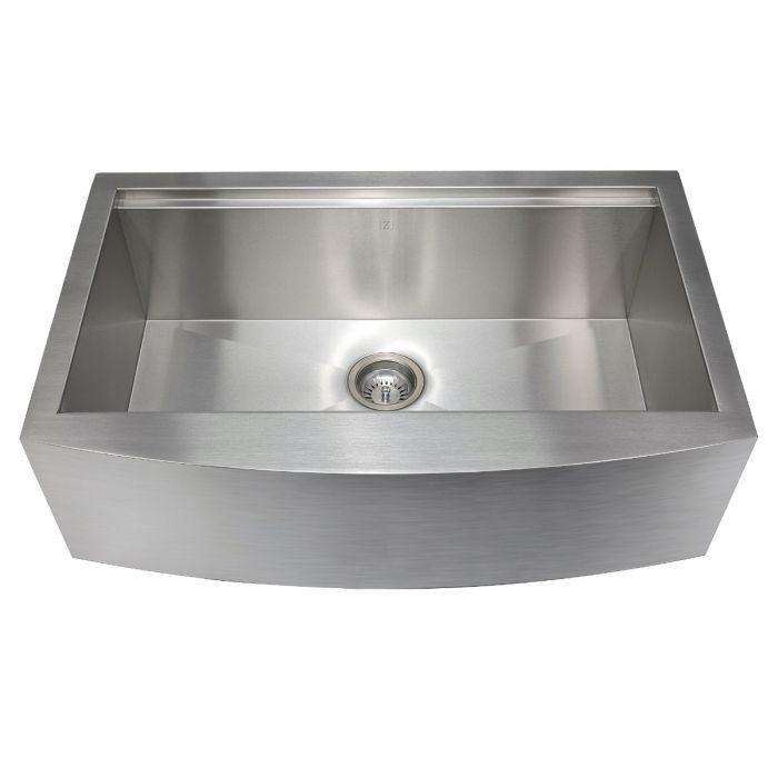 Apron-mount stainless steel single-bowl kitchen sink with centered drain strainer, front view