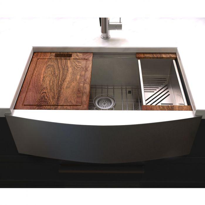 Apron-mount single-bowl stainless sink with wood cutting board and side rack panels