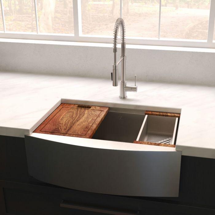 Apron-mount stainless sink with wood cutting board and side rack insert, faucet above
