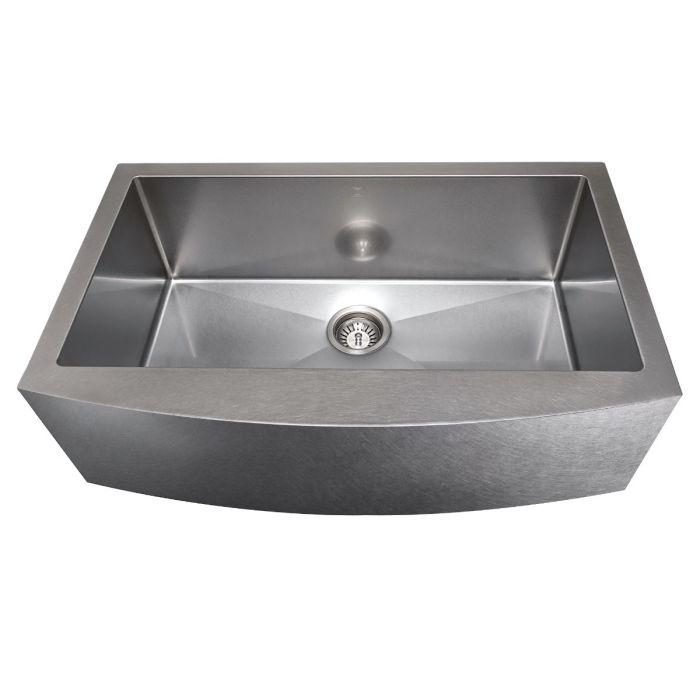 Stainless steel single-bowl kitchen sink with centered round drain strainer and deep basin