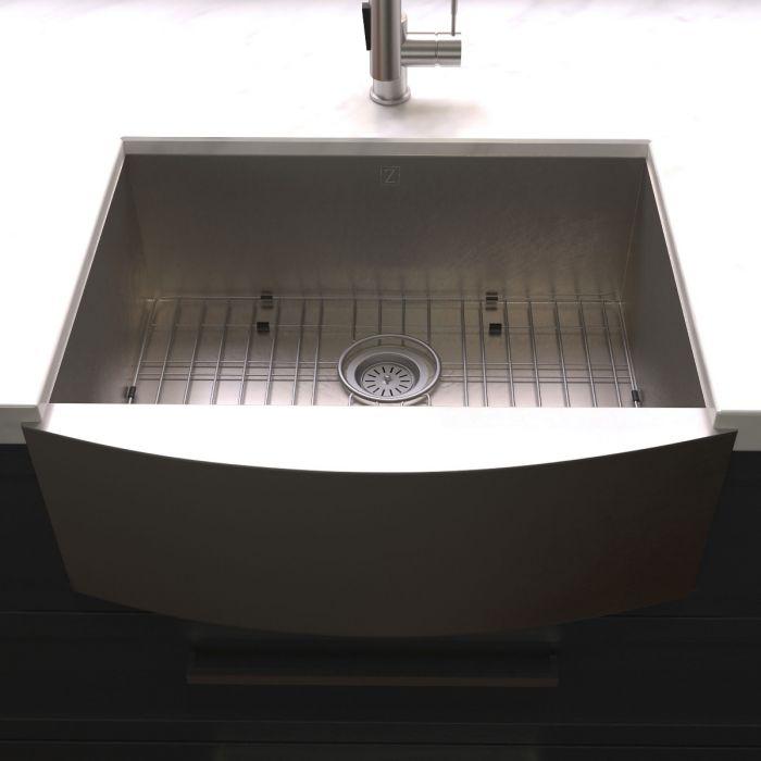 Apron-mount single-bowl stainless steel kitchen sink with bottom grid