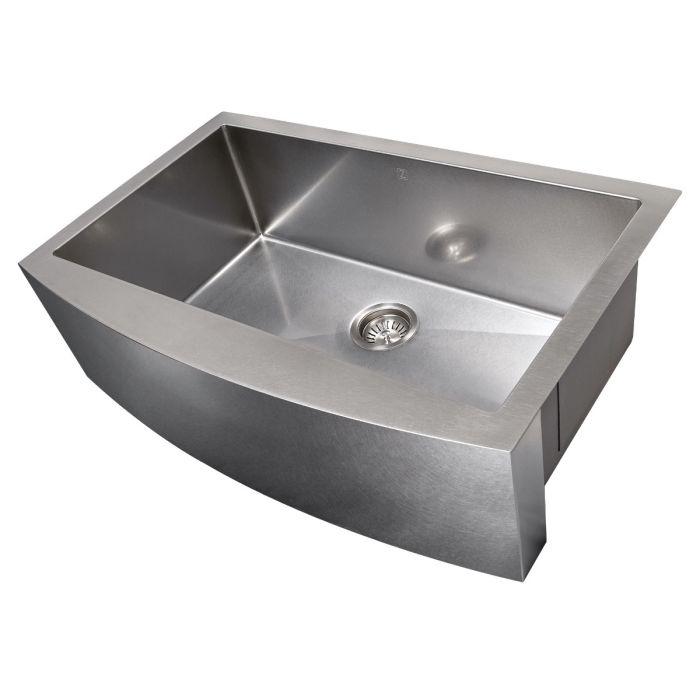 Farmhouse apron sink with single basin and stainless steel drain