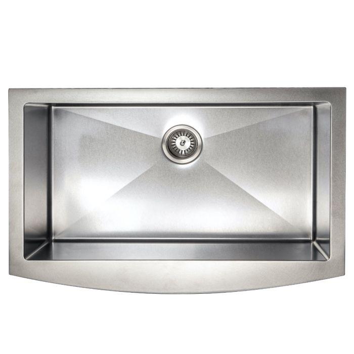 Stainless steel single-bowl kitchen sink with round drain strainer and apron front