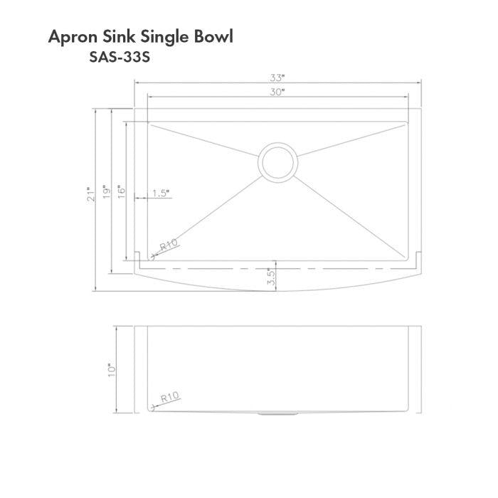 Single-bowl apron sink dimension diagram with measurements