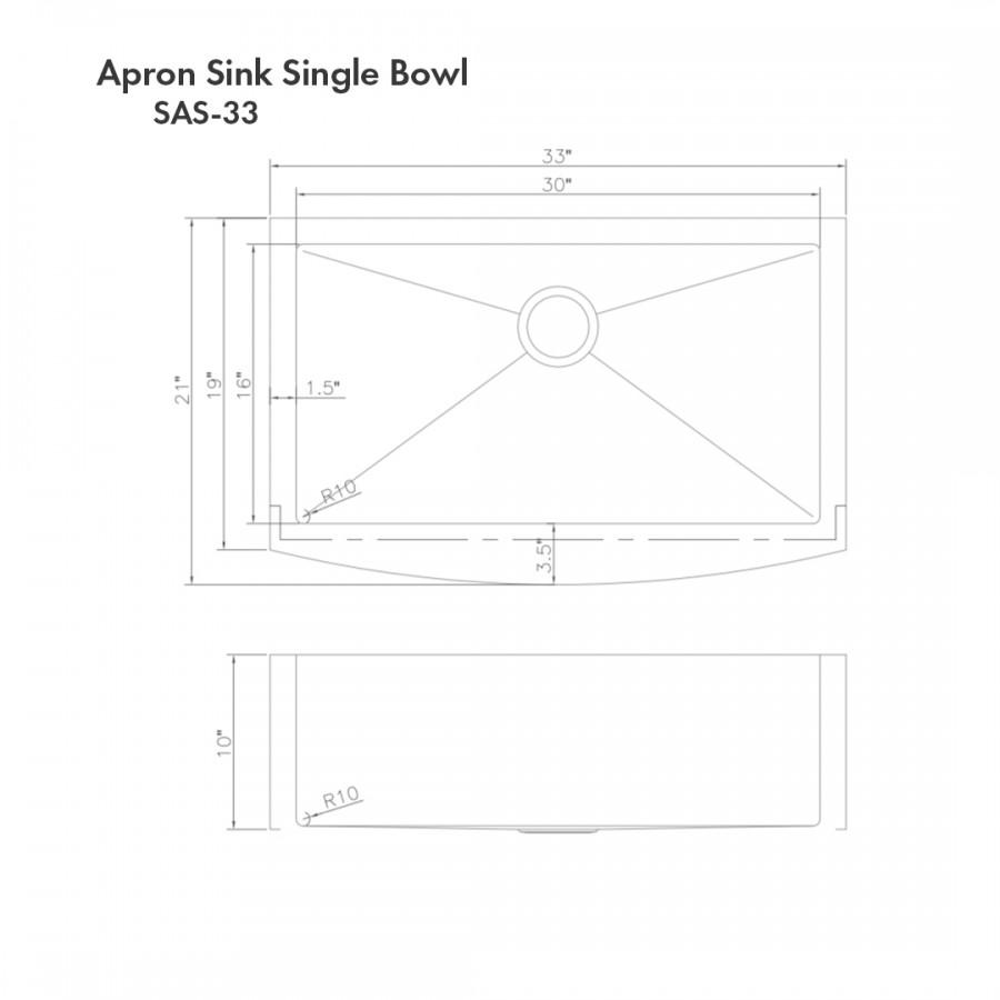 Single-bowl apron-mount kitchen sink technical drawing with dimensions
