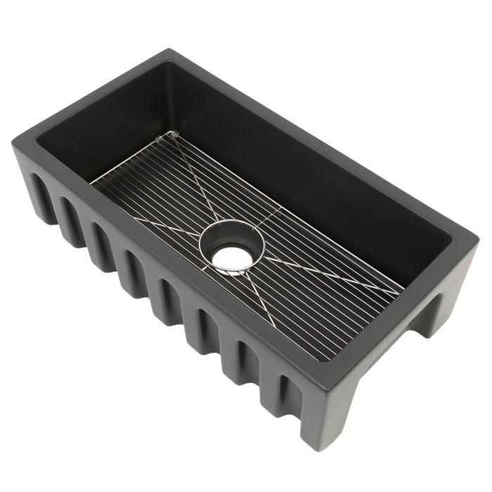 Charcoal sink basin with stainless bottom grid and center drain strainer, angled view