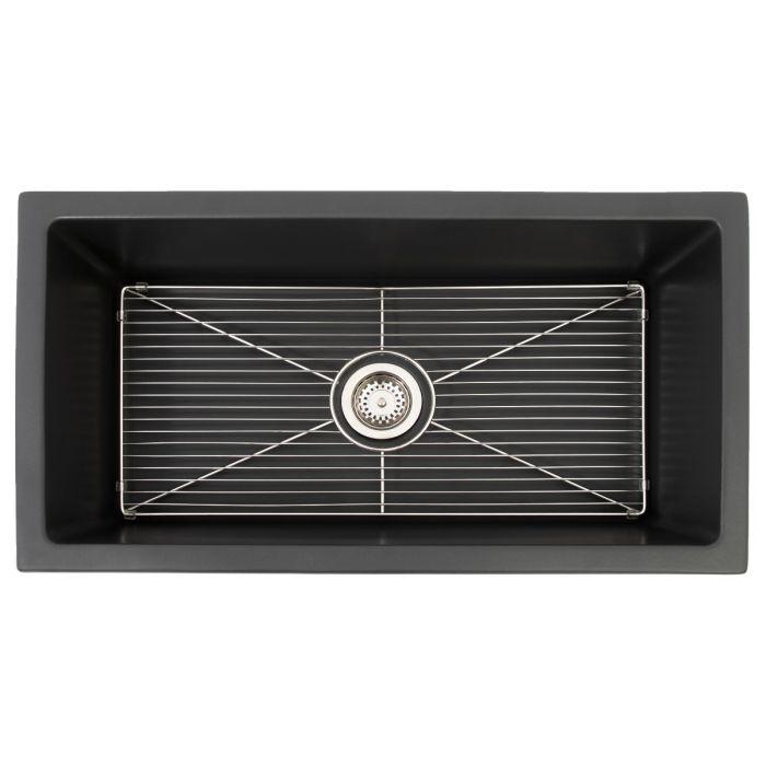 Charcoal single-bowl sink with stainless bottom grid and circular drain strainer