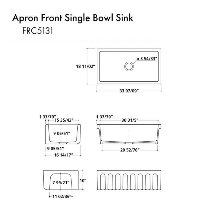 Technical diagram of apron-front single-bowl sink dimensions