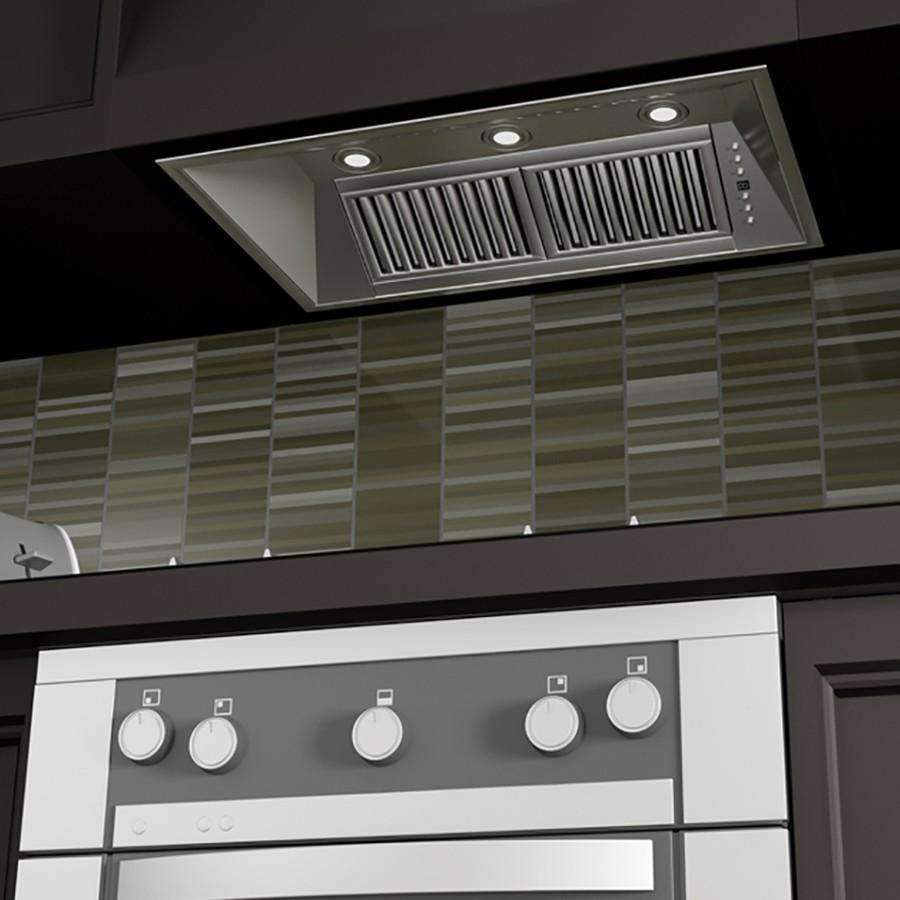 Stainless steel island range hood insert with baffle filter grille and control knobs