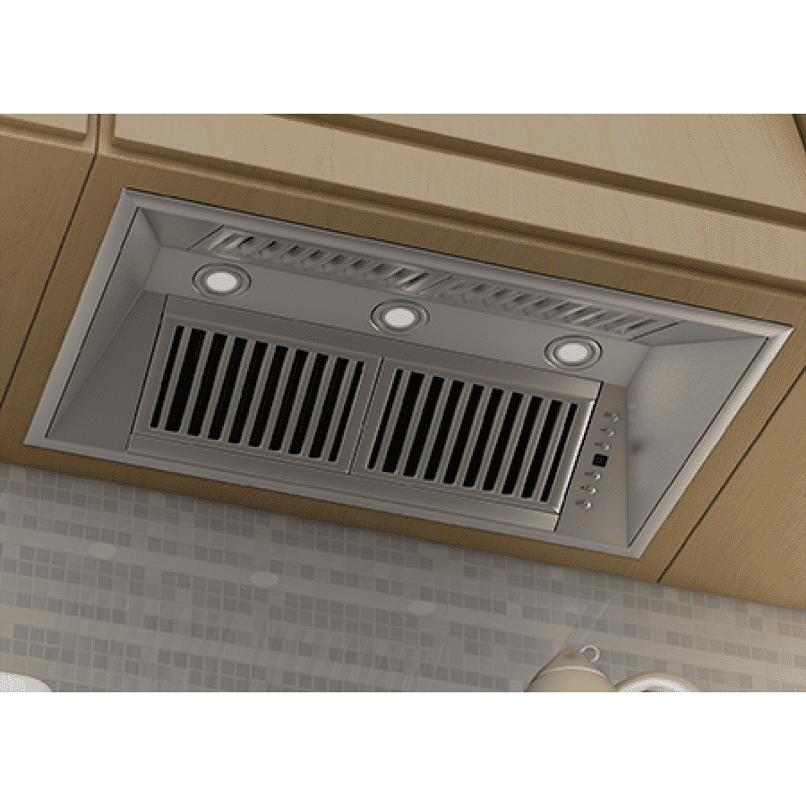 Stainless steel range hood insert with vent grille, three round lights, and baffle filters
