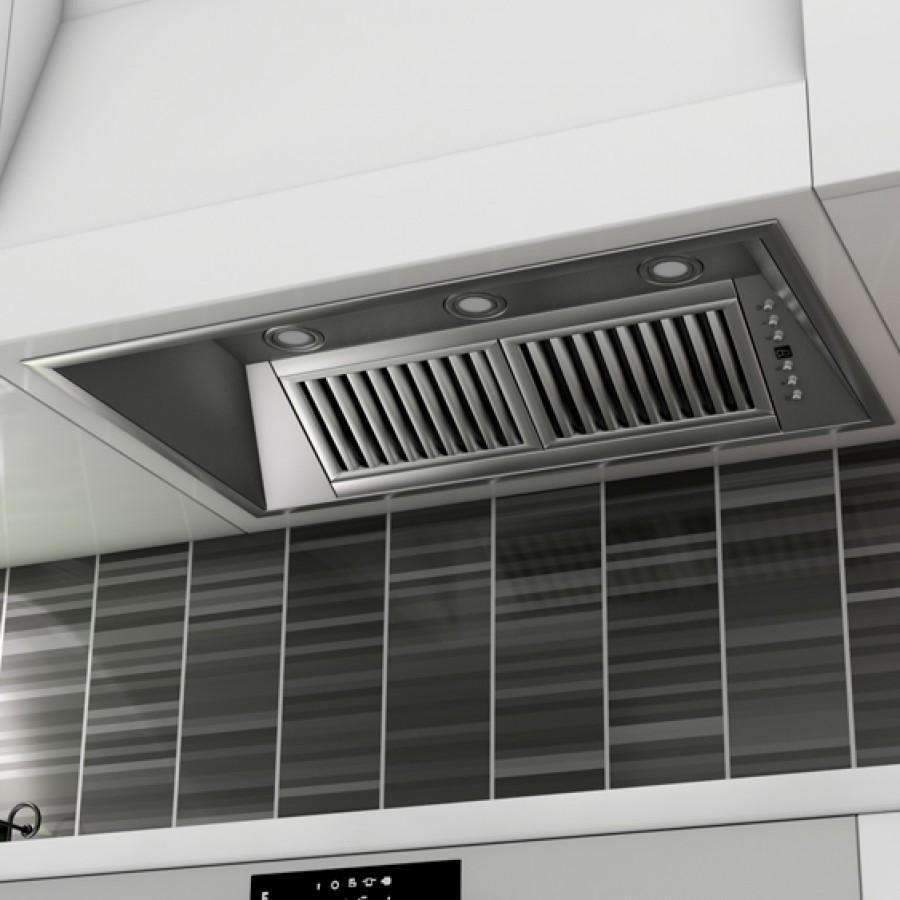 Island range hood insert front with baffle filter grille and side control buttons