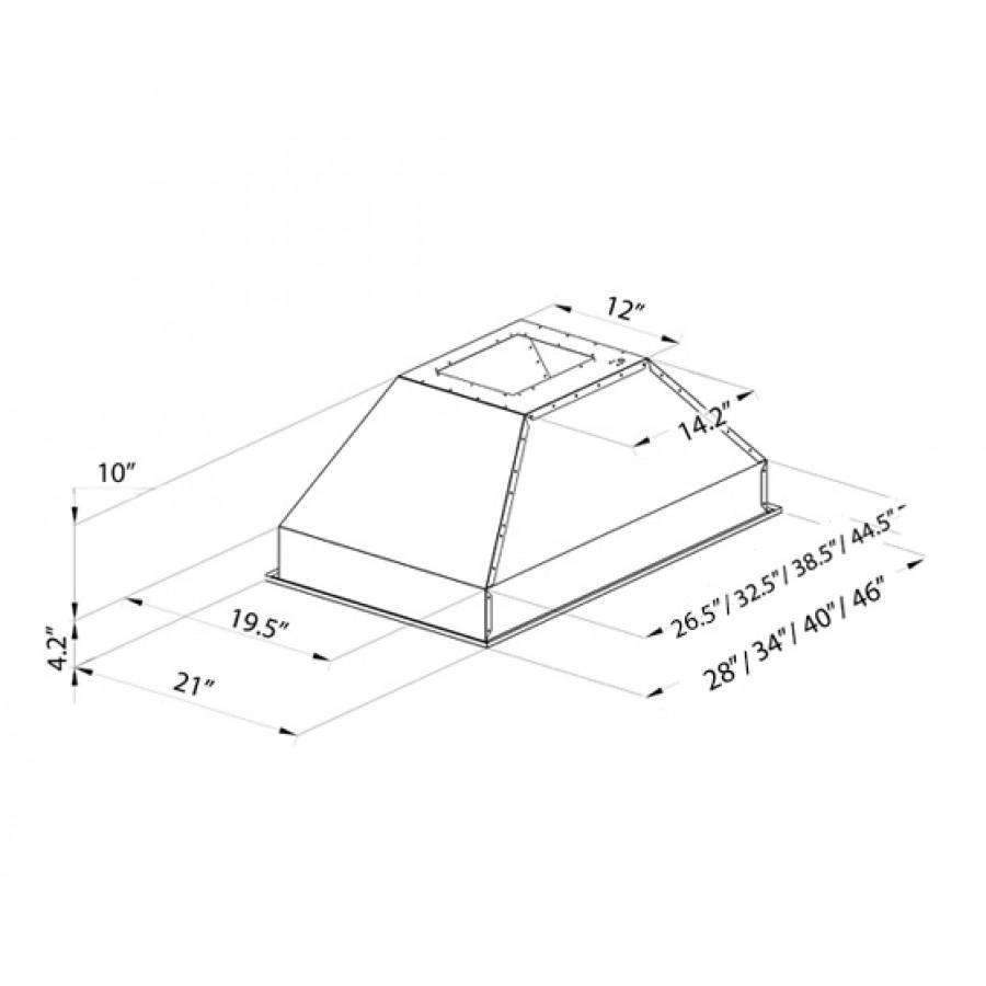 Range hood insert dimensional drawing with labeled measurements in inches