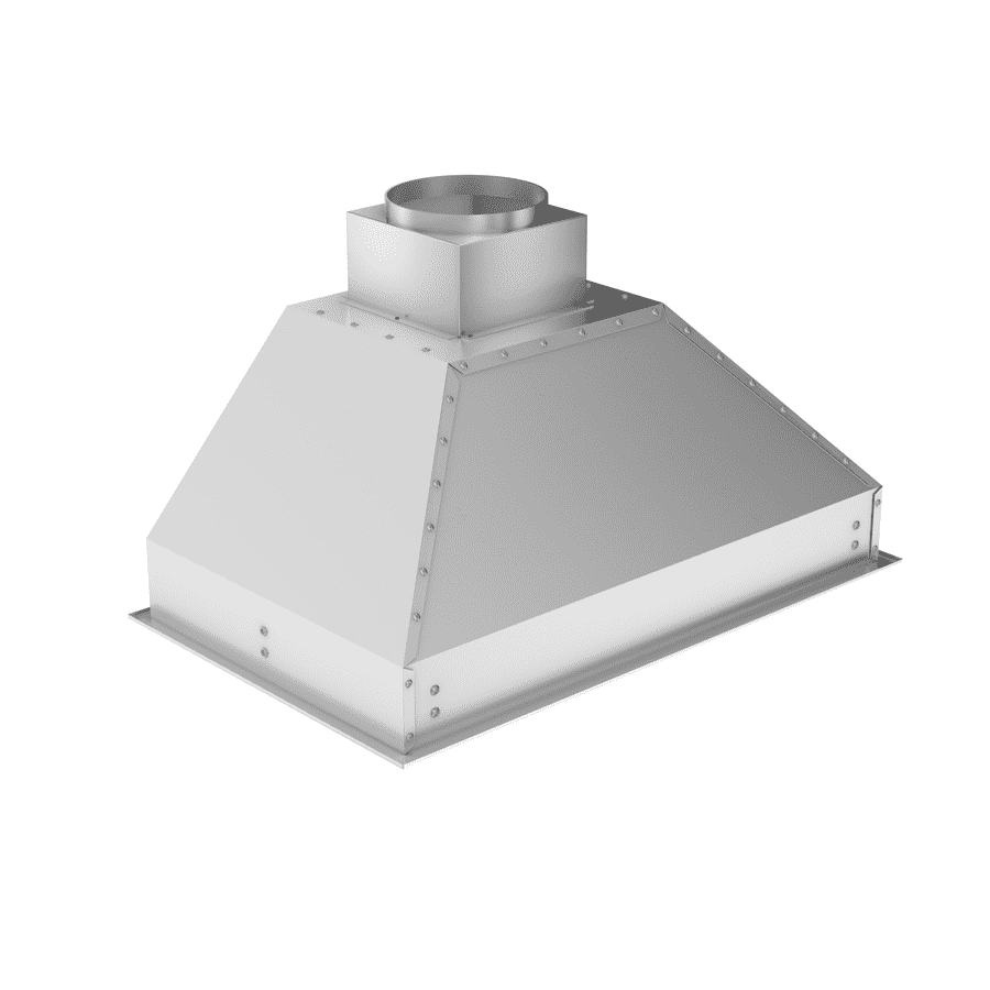 Stainless steel island range hood insert with round duct collar and vented front