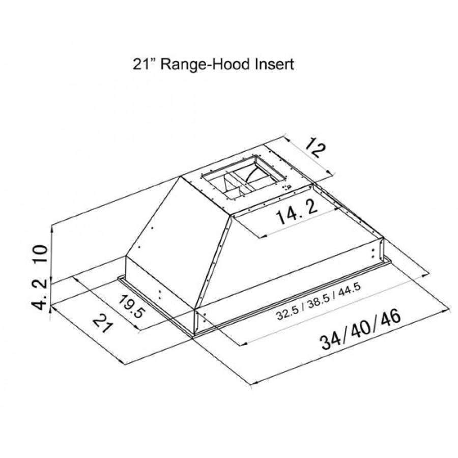 21 in range-hood insert diagram showing internal dimensions