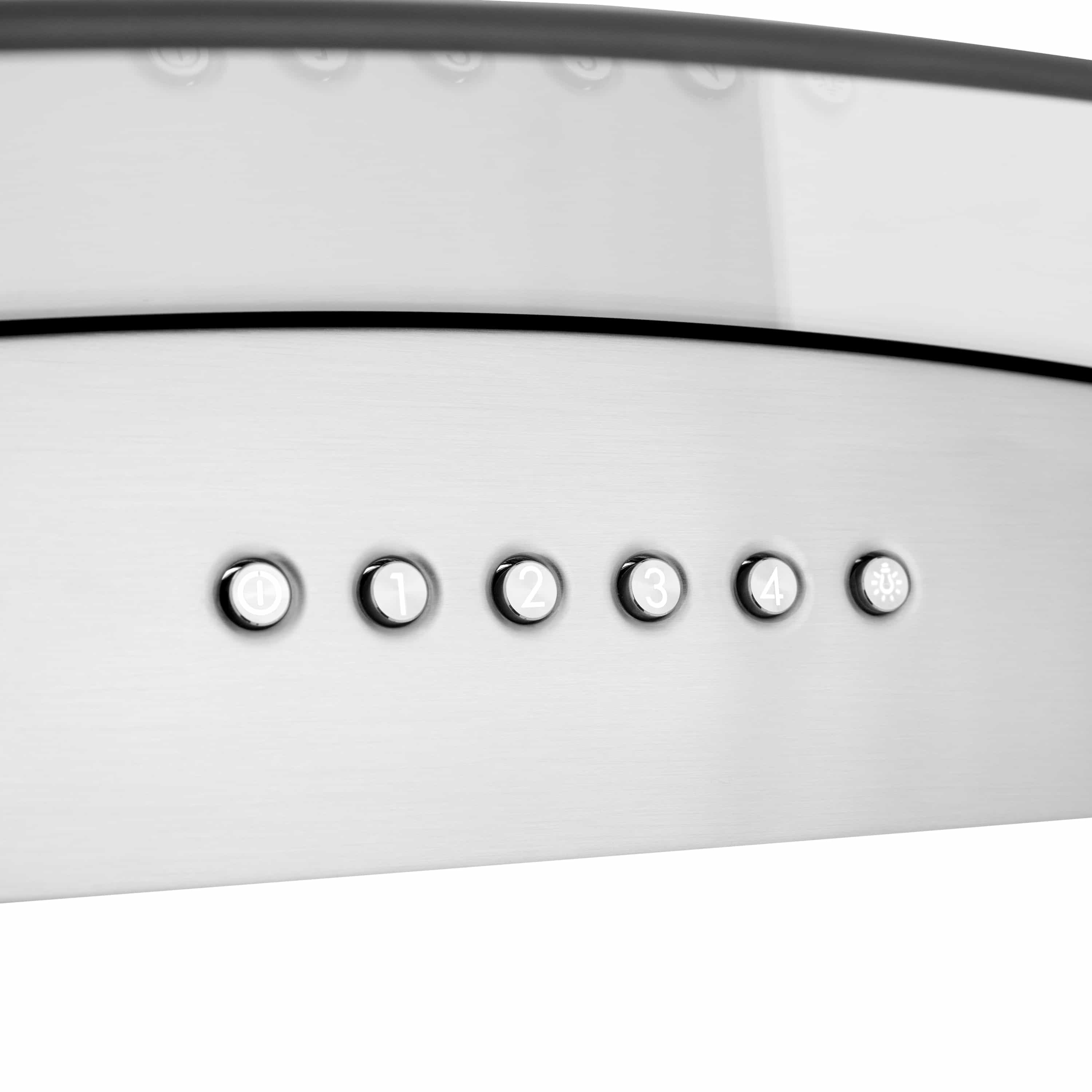 Stainless steel range hood control panel with six round indicator buttons