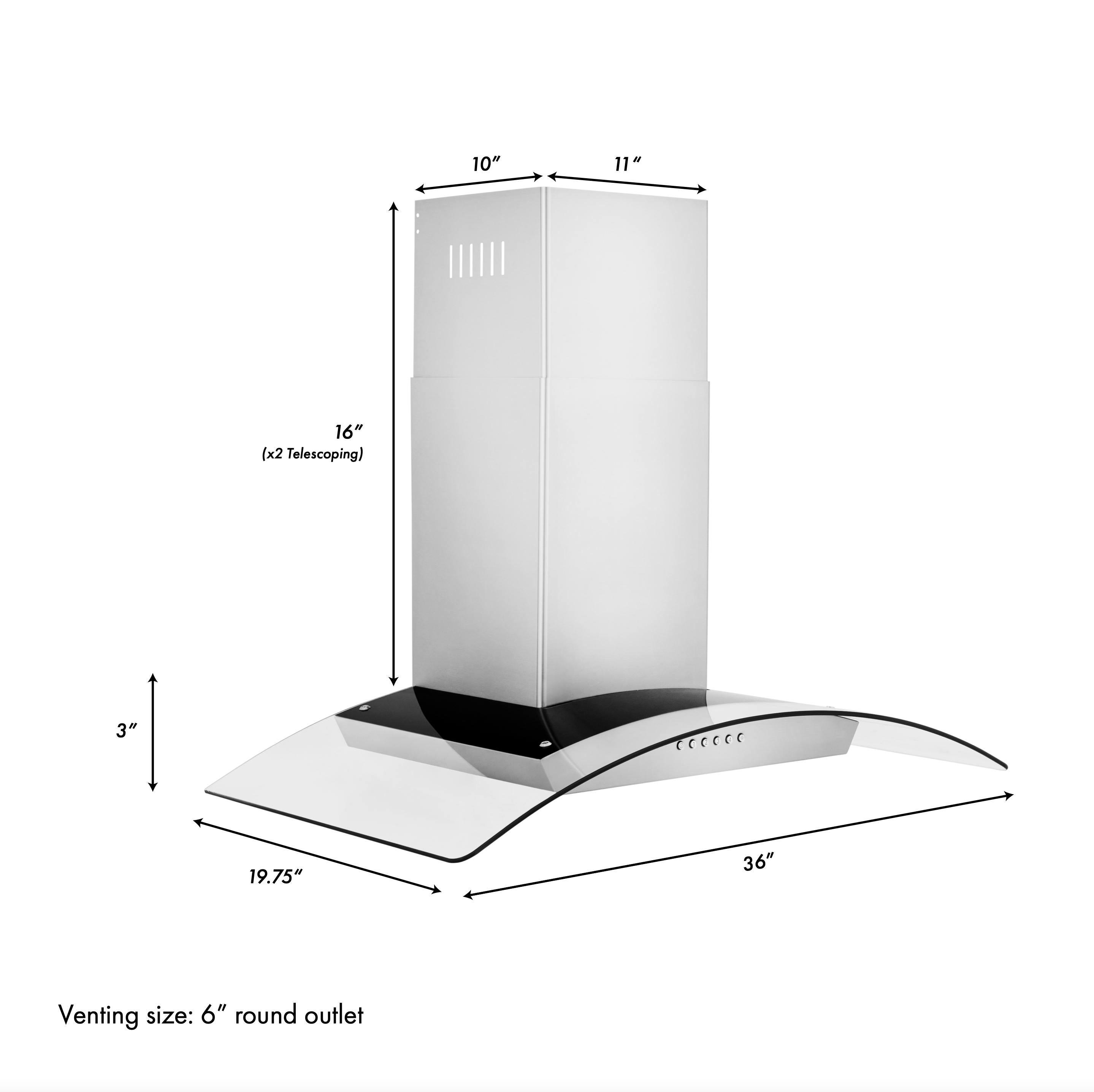 Wall mount range hood dimensions diagram with chimney flue, curved canopy, and vent outlet