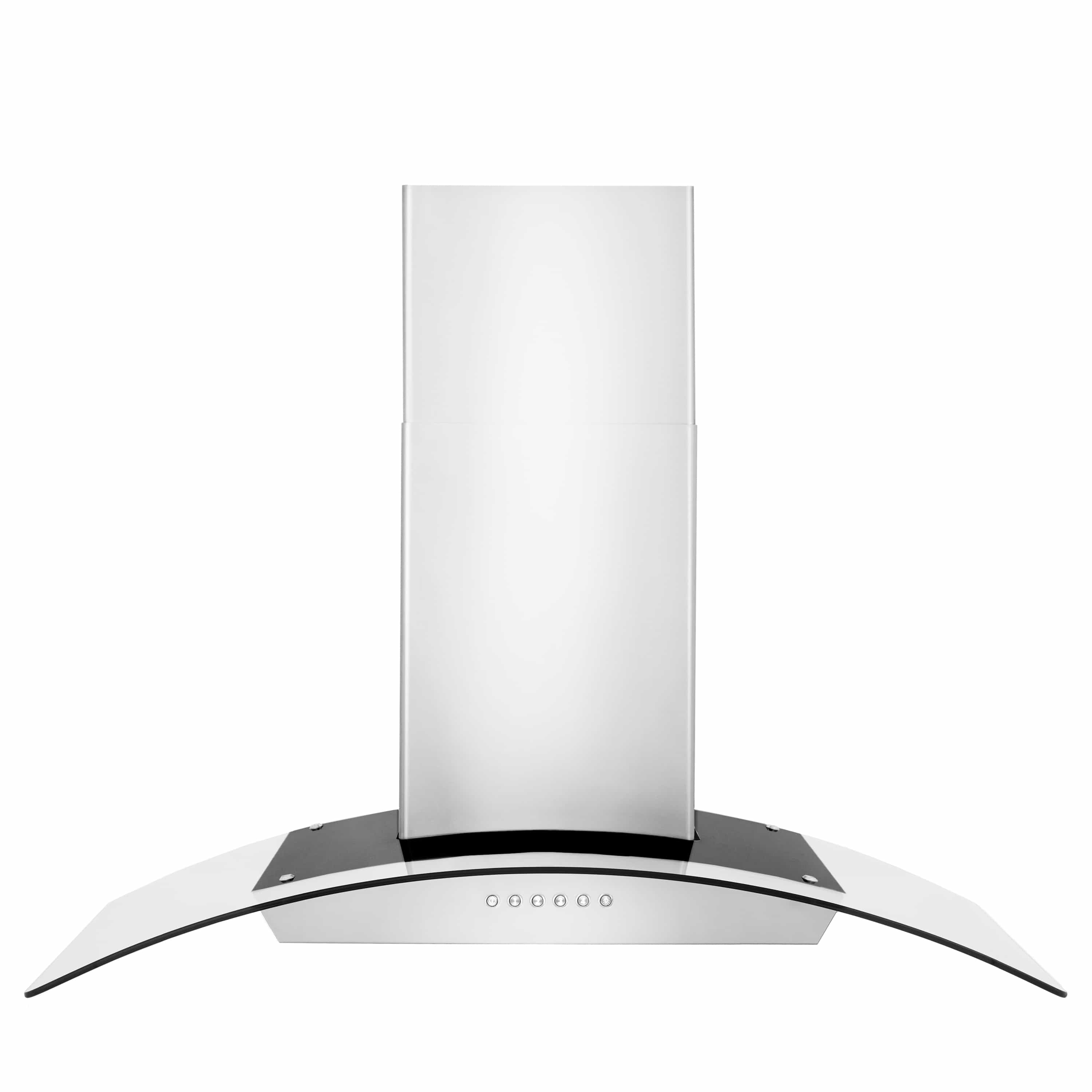 Stainless steel wall-mount range hood with curved glass canopy and chimney flue