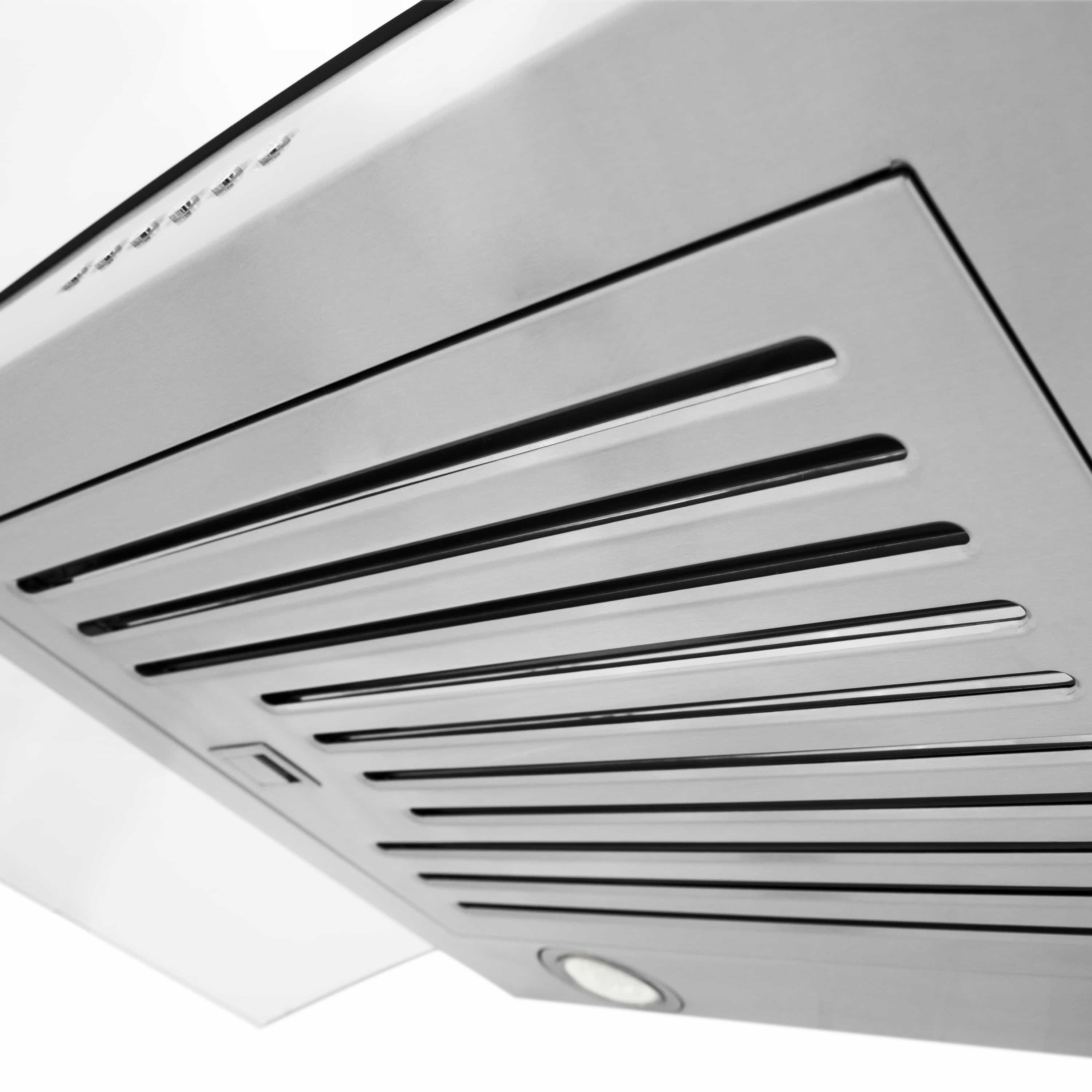 Stainless steel range hood vent grille underside with long horizontal slots