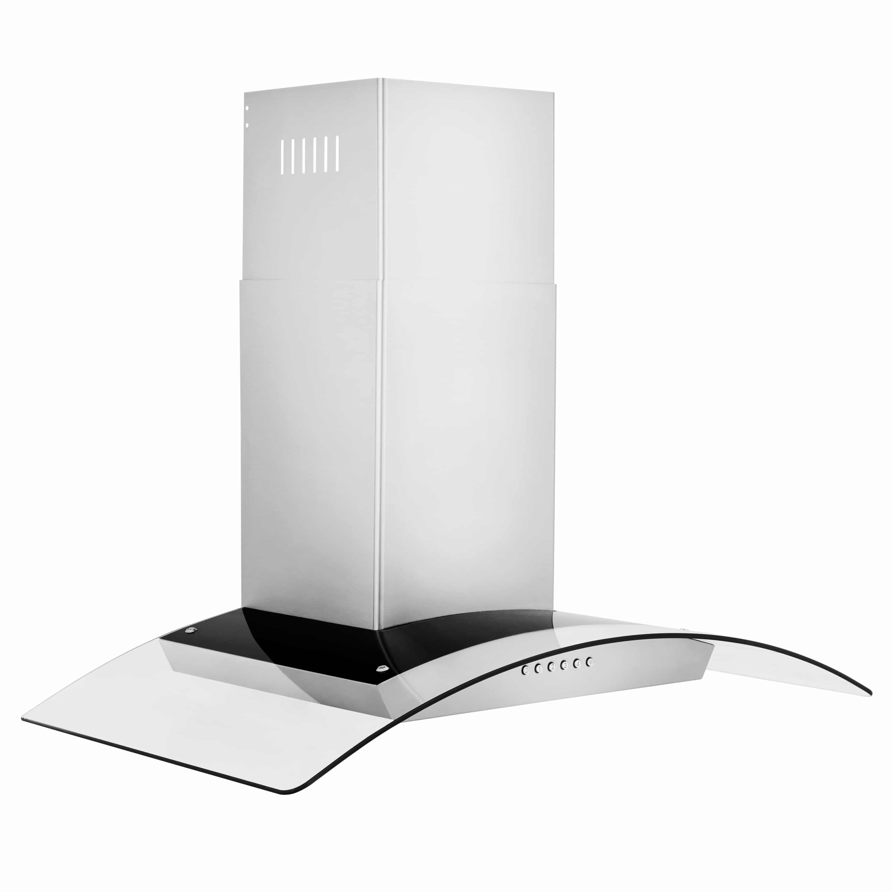 Stainless steel ducted wall mount range hood with chimney and curved canopy