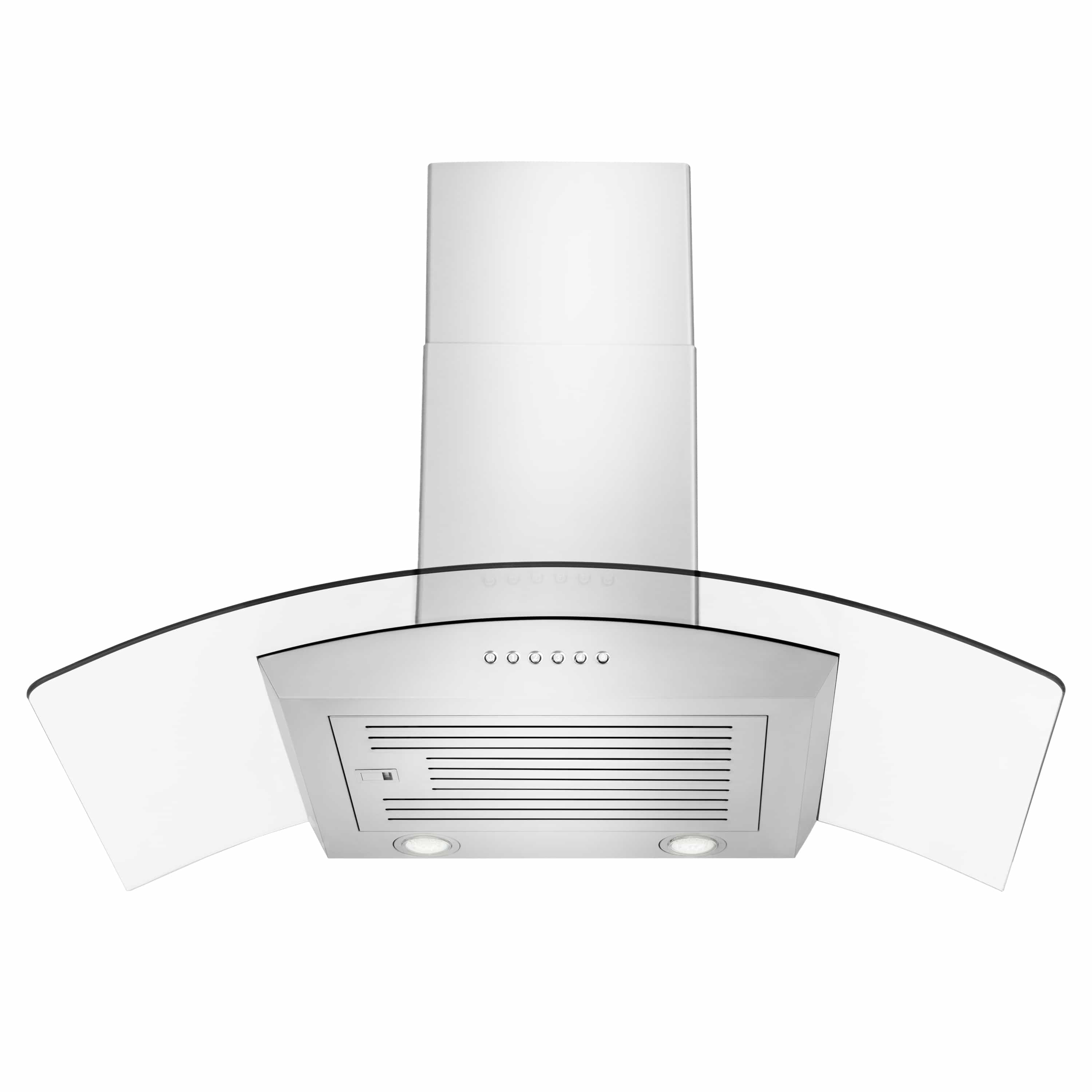 Ducted wall mount range hood with chimney flue and curved canopy front